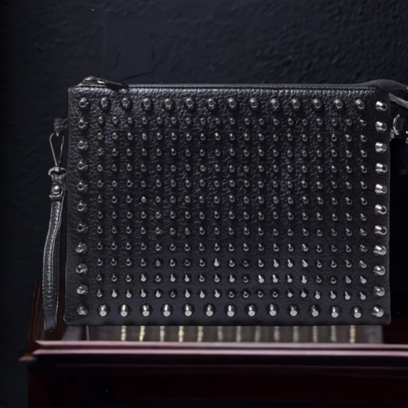 Unisex Black Studded Clutch Bag With Crossbody Shoulder Strap